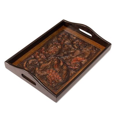 Alternate image for Floral Bird-Themed Embossed Leather and Wood Serving Tray Garden of Splendor