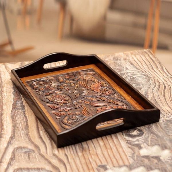 Alternate image for Floral Bird-Themed Embossed Leather and Wood Serving Tray Garden of Splendor