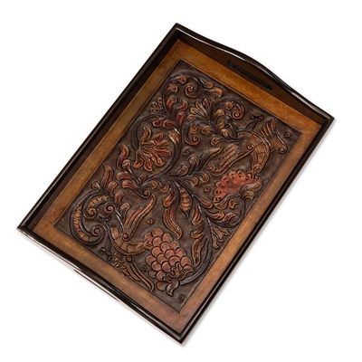 Alternate image for Floral Bird-Themed Embossed Leather and Wood Serving Tray Garden of Splendor