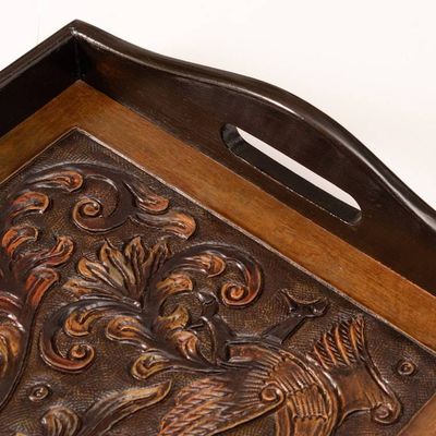 Alternate image for Floral Bird-Themed Embossed Leather and Wood Serving Tray Garden of Splendor