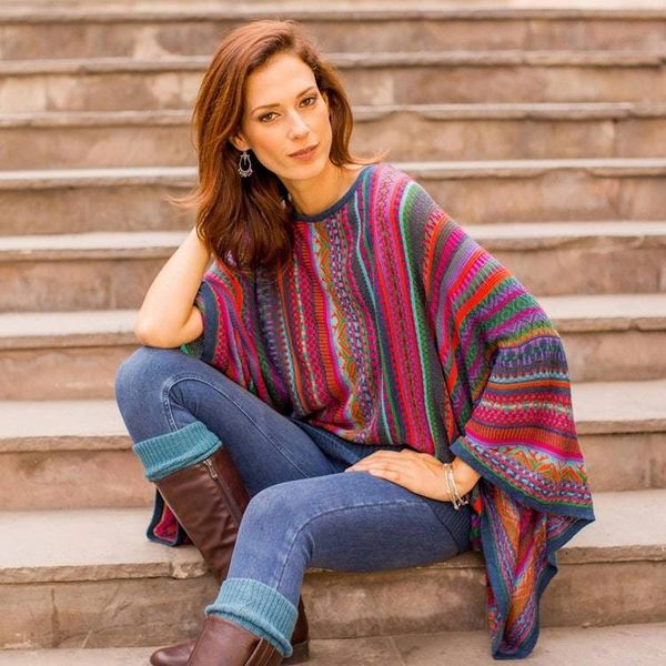 Alternate image for Colorful Striped Alpaca Wool Blend Sweater from Peru Fiesta Dance