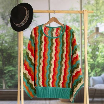 Primary image for Green and Scarlet Vertical Stripe Alpaca Blend Sweater Tropical Heatwaves