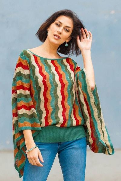 Alternate image for Green and Scarlet Vertical Stripe Alpaca Blend Sweater Tropical Heatwaves