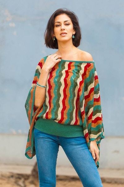 Alternate image for Green and Scarlet Vertical Stripe Alpaca Blend Sweater Tropical Heatwaves