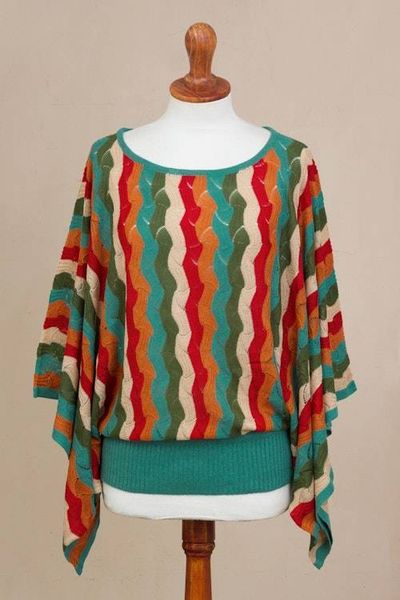 Alternate image for Green and Scarlet Vertical Stripe Alpaca Blend Sweater Tropical Heatwaves
