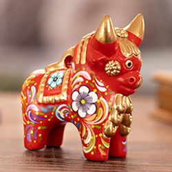 Image for Red Painted Ceramic Bull Folk Art Sculpture Red Pucara Bull