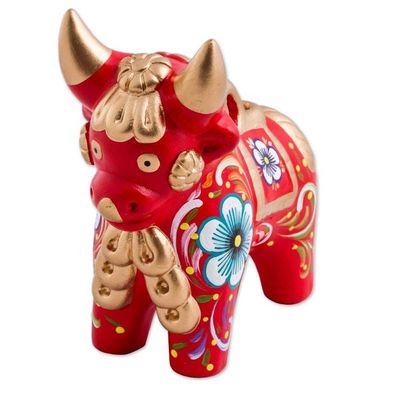Alternate image for Red Painted Ceramic Bull Folk Art Sculpture Red Pucara Bull