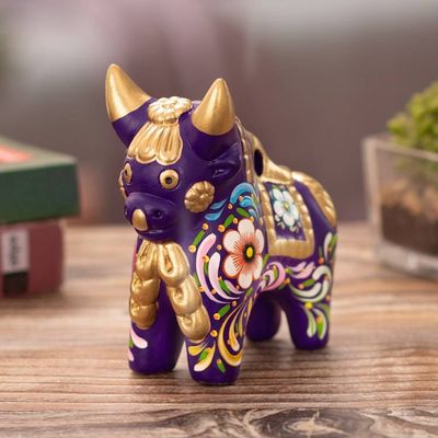 Primary image for Purple Floral Painted Ceramic Bull Sculpture from Peru Purple Pucara Bull