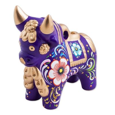 Alternate image for Purple Floral Painted Ceramic Bull Sculpture from Peru Purple Pucara Bull