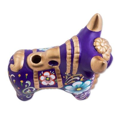 Alternate image for Purple Floral Painted Ceramic Bull Sculpture from Peru Purple Pucara Bull