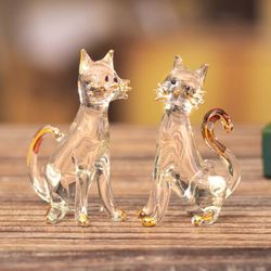 Image for Pair of Gilded Clear Blown Glass Cat Figurines from Peru Feline Friendship
