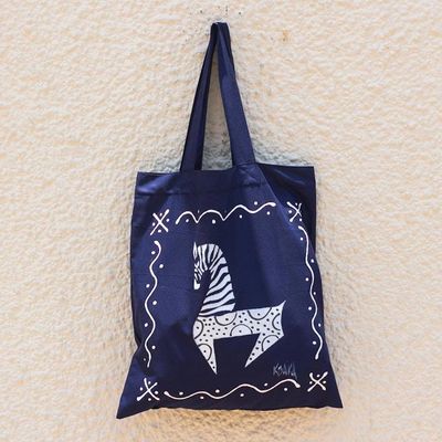 Alternate image for Blue Cotton Zebra-Motif Tote Bag Dancing Zebra in Blue