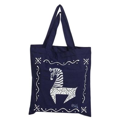 Alternate image for Blue Cotton Zebra-Motif Tote Bag Dancing Zebra in Blue