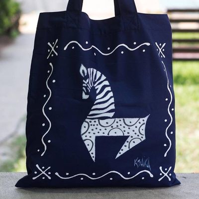 Alternate image for Blue Cotton Zebra-Motif Tote Bag Dancing Zebra in Blue