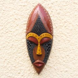 Image for Hand Carved African Mask in Black, Brown and Yellow Face of Favor