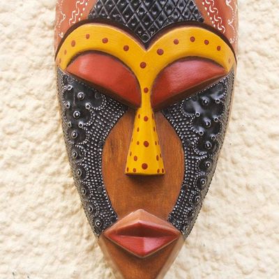 Alternate image for Hand Carved African Mask in Black, Brown and Yellow Face of Favor