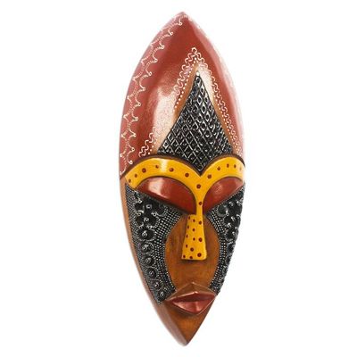 Alternate image for Hand Carved African Mask in Black, Brown and Yellow Face of Favor
