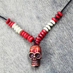 Image for Sese Wood Skull Beaded Pendant Necklace from Ghana Adventurous Skull