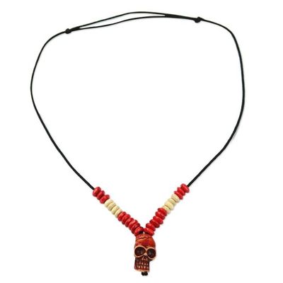 Alternate image for Sese Wood Skull Beaded Pendant Necklace from Ghana Adventurous Skull