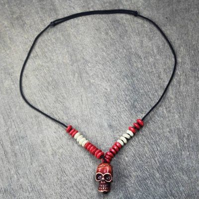 Alternate image for Sese Wood Skull Beaded Pendant Necklace from Ghana Adventurous Skull