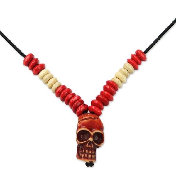 Alternate image for Sese Wood Skull Beaded Pendant Necklace from Ghana Adventurous Skull