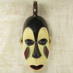 Image for African Yoruba Tribe Hand Crafted Yellow Wood Wall Mask Yoruba Pride