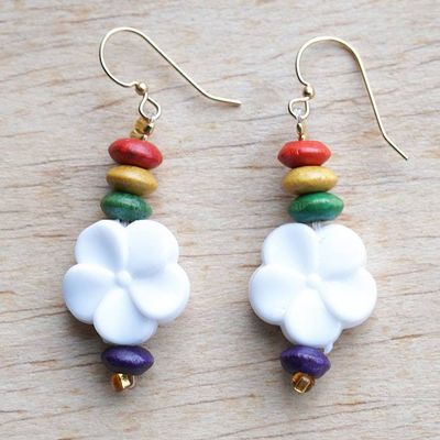 Primary image for Floral Wood and Recycled Plastic Beaded Dangle Earrings Rainbow Petals