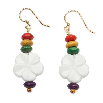 Alternate image for Floral Wood and Recycled Plastic Beaded Dangle Earrings Rainbow Petals