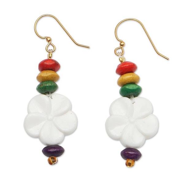 Alternate image for Floral Wood and Recycled Plastic Beaded Dangle Earrings Rainbow Petals