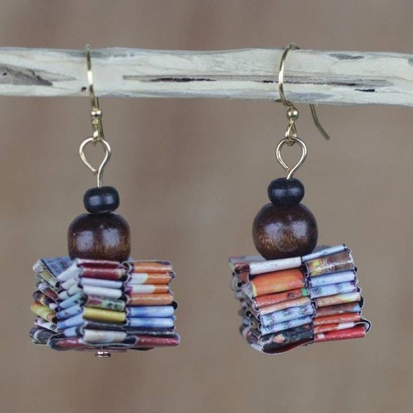 Alternate image for Handcrafted Recycled Paper and Wood Dangle Earrings Pampam Store