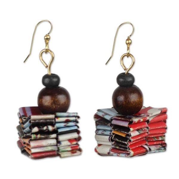 Alternate image for Handcrafted Recycled Paper and Wood Dangle Earrings Pampam Store