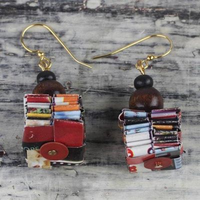 Alternate image for Handcrafted Recycled Paper and Wood Dangle Earrings Pampam Store