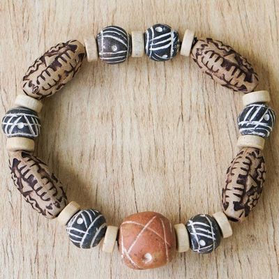 Primary image for Ceramic and Wood Beaded Stretch Bracelet from Ghana Fanosaa