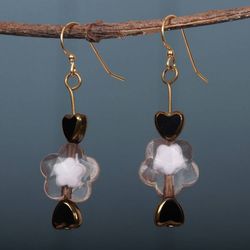 Image for Heart and Flower-Themed Recycled Beaded Dangle Earrings Floral Liaison