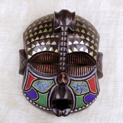 Image for Elephant Themed Wood Mask with Brass and Glass Beads Akyiglinyi