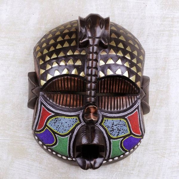 Alternate image for Elephant Themed Wood Mask with Brass and Glass Beads Akyiglinyi