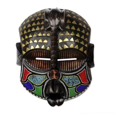 Alternate image for Elephant Themed Wood Mask with Brass and Glass Beads Akyiglinyi