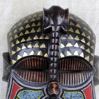 Alternate image for Elephant Themed Wood Mask with Brass and Glass Beads Akyiglinyi
