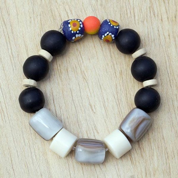 Alternate image for Ghana Jeweler Crafted Recycled Glass Bead Stretch Necklace Color in Monochrome