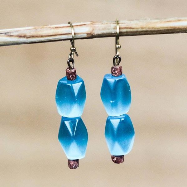 Alternate image for Cats Eye and Bauxite Beaded Dangle Earrings from Ghana Queen Blue
