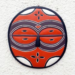 Image for Circular Orange African Mask Carved by Hand in Ghana Teke-Tsaye Ritual