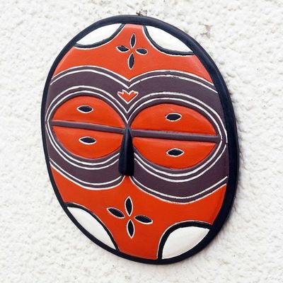 Alternate image for Circular Orange African Mask Carved by Hand in Ghana Teke-Tsaye Ritual