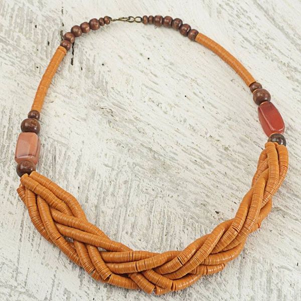 Alternate image for Handcrafted Orange Braided Bead Necklace with Wood and Agate Sosongo in Orange