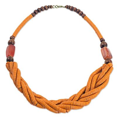 Alternate image for Handcrafted Orange Braided Bead Necklace with Wood and Agate Sosongo in Orange