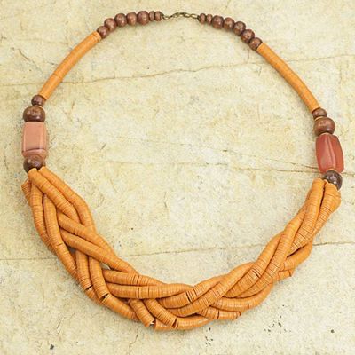 Alternate image for Handcrafted Orange Braided Bead Necklace with Wood and Agate Sosongo in Orange