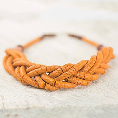 Alternate image for Handcrafted Orange Braided Bead Necklace with Wood and Agate Sosongo in Orange