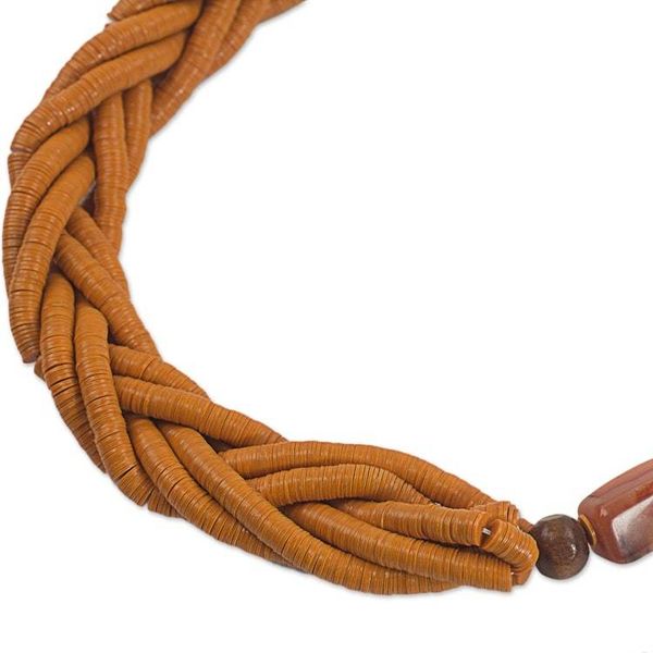 Alternate image for Handcrafted Orange Braided Bead Necklace with Wood and Agate Sosongo in Orange