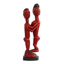 Image for Romantic Sese Wood Sculpture in Red from Ghana Red Lovers