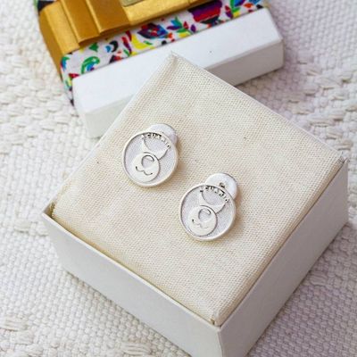 Alternate image for Aquarius-Themed Modern Round Silver Cufflinks from Mexico Aquarius Totem