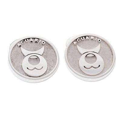 Alternate image for Aquarius-Themed Modern Round Silver Cufflinks from Mexico Aquarius Totem